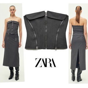 ZARA ZW COLLECTION GRAY BUSTIER ZIPPERED TOP Sz L sleeveless bloggers fave